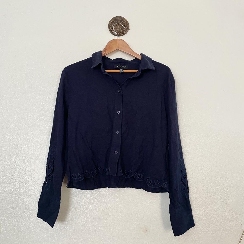 Ellen Tracy Navy Blue Linen Blend Eyelet Scalloped Crop Button Down Shirt Medium